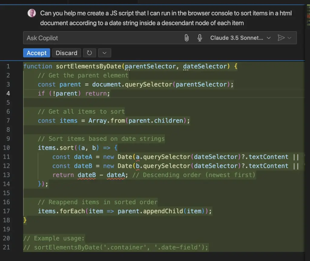 Screenshot of the Visual Studio Code interface for Copilot, showing Willem's original prompt about sorting DOM items and below it, a highlighted code fragment suggested by Claude Sonnet 3.5.