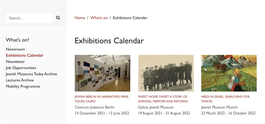 Partial screenshot of the Exhibitions Calendar page on aejm.org in 2022, showing three cards with upcoming exhibitions from various museums.