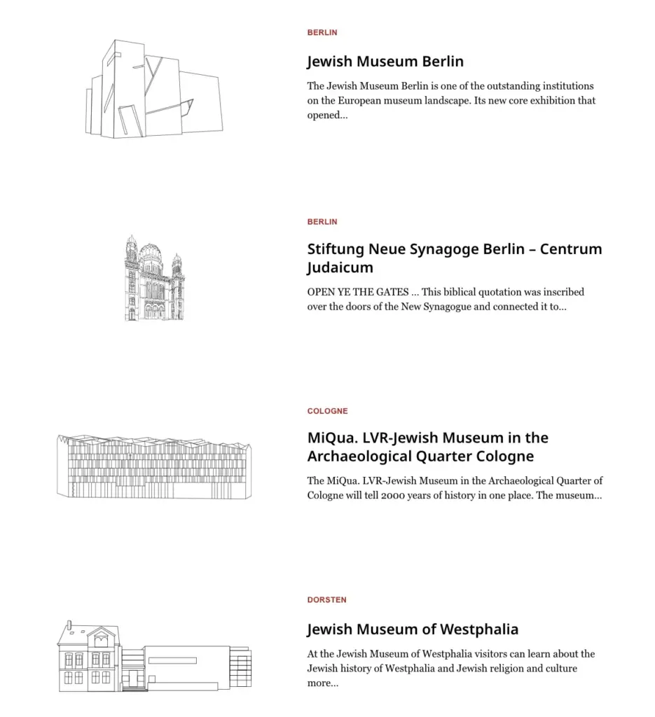 Fragment of the Member overview page on aejm.org, showing museum icons based on the individual building's exteriors. Screenshot from February 2025.