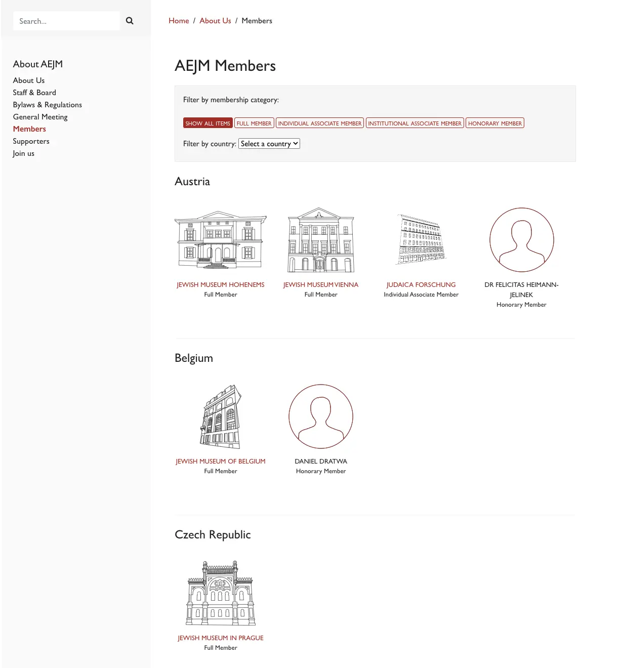 Partial screenshot of the members page of aejm.org in 2022, with AEJM members represented by icons in a grid for each European country. There are filter options for the various membership types, such as institutional members and honorary (individual) members.